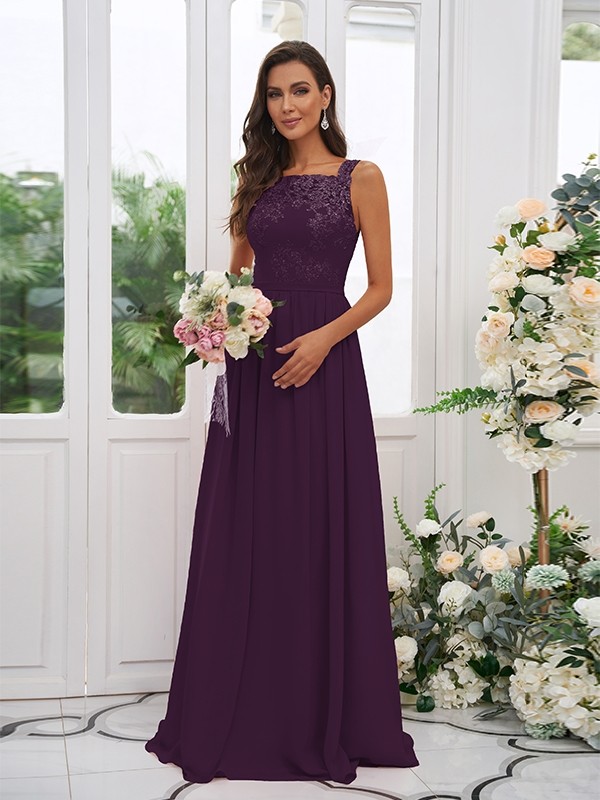 A-Line/Princess Chiffon Applique Square Sleeveless Floor-Length Bridesmaid Dresses 2132