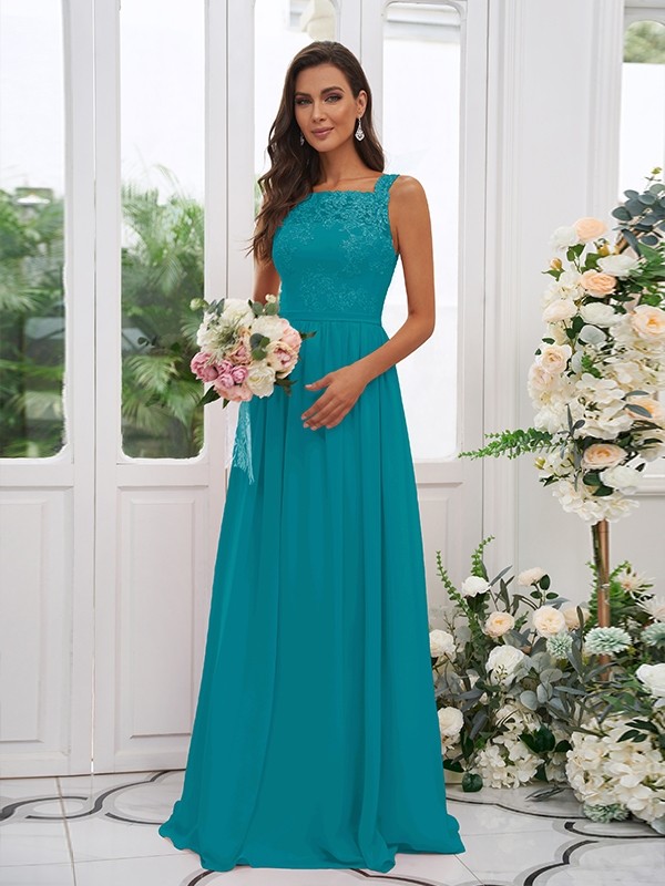 A-Line/Princess Chiffon Applique Square Sleeveless Floor-Length Bridesmaid Dresses 2132