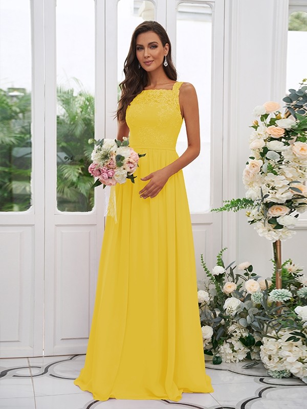 A-Line/Princess Chiffon Applique Square Sleeveless Floor-Length Bridesmaid Dresses 2132