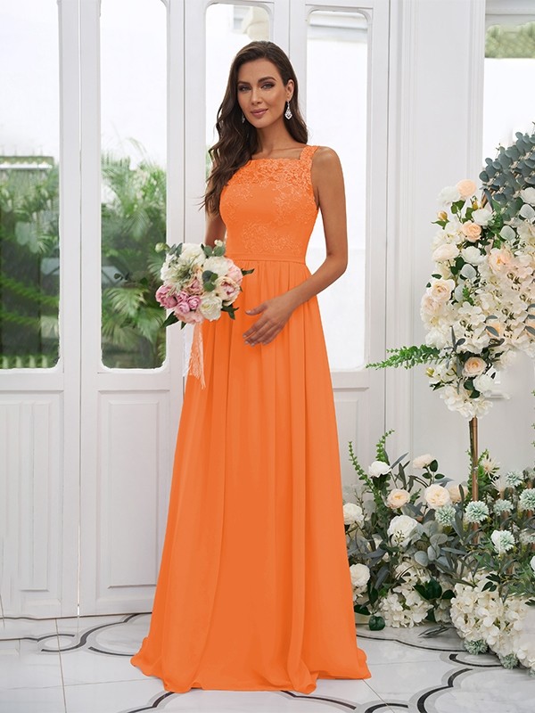 A-Line/Princess Chiffon Applique Square Sleeveless Floor-Length Bridesmaid Dresses 2132