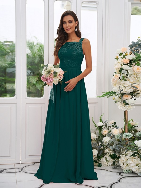 A-Line/Princess Chiffon Applique Square Sleeveless Floor-Length Bridesmaid Dresses 2132