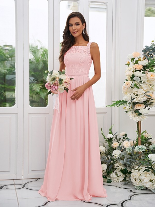 A-Line/Princess Chiffon Applique Square Sleeveless Floor-Length Bridesmaid Dresses 2132