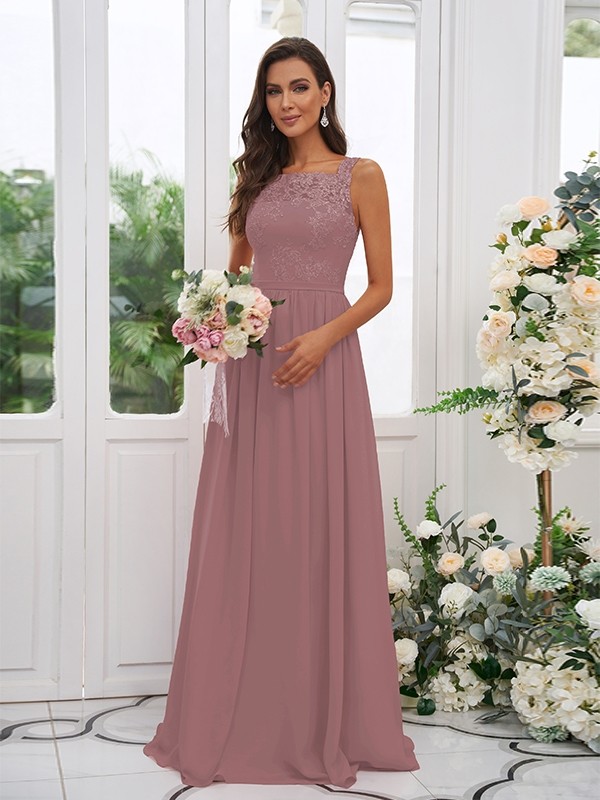 A-Line/Princess Chiffon Applique Square Sleeveless Floor-Length Bridesmaid Dresses 2132