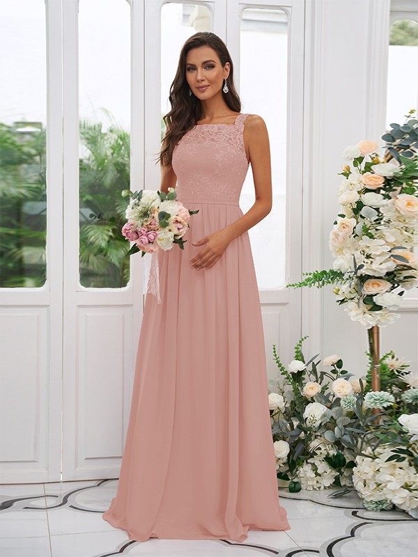 A-Line/Princess Chiffon Applique Square Sleeveless Floor-Length Bridesmaid Dresses 2132