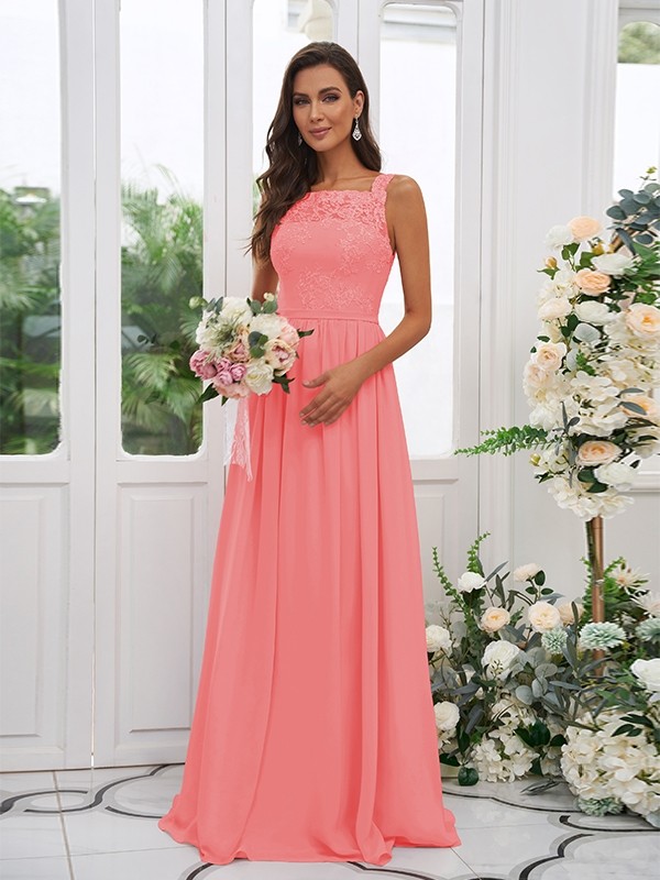 A-Line/Princess Chiffon Applique Square Sleeveless Floor-Length Bridesmaid Dresses 2132