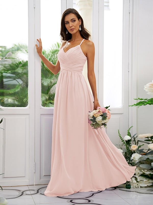 A-Line/Princess Chiffon Ruched V-neck Sleeveless Floor-Length Bridesmaid Dresses 2177