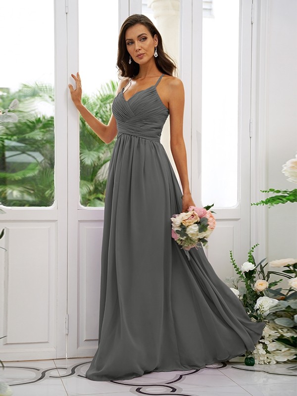 A-Line/Princess Chiffon Ruched V-neck Sleeveless Floor-Length Bridesmaid Dresses 2177