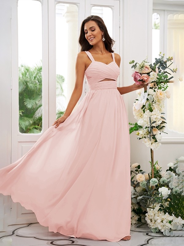 A-Line/Princess Chiffon Ruched Straps Sleeveless Floor-Length Bridesmaid Dresses 2167