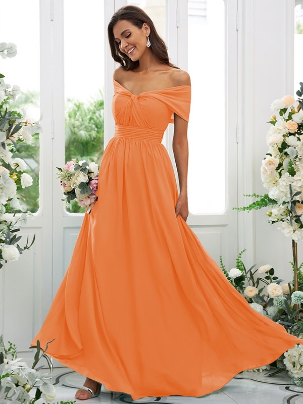 A-Line/Princess Chiffon Ruched Off-the-Shoulder Sleeveless Floor-Length Bridesmaid Dresses 2156