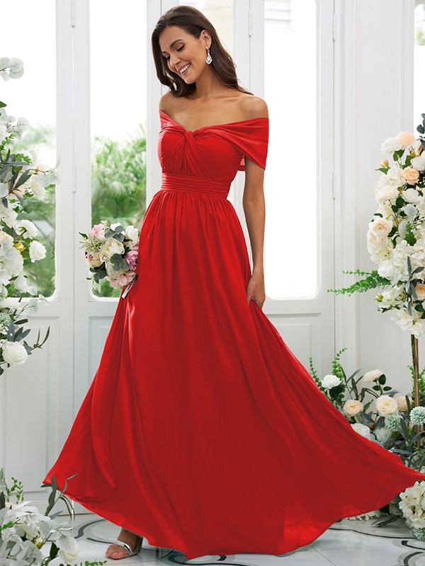 A-Line/Princess Chiffon Ruched Off-the-Shoulder Sleeveless Floor-Length Bridesmaid Dresses 2156