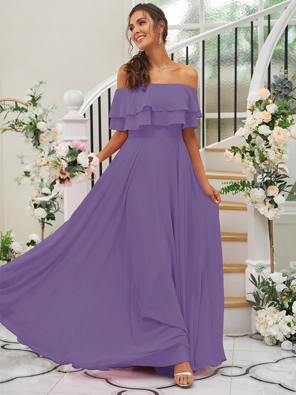 A-Line/Princess Chiffon Ruffles Off-the-Shoulder Sleeveless Floor-Length Bridesmaid Dresses 2199