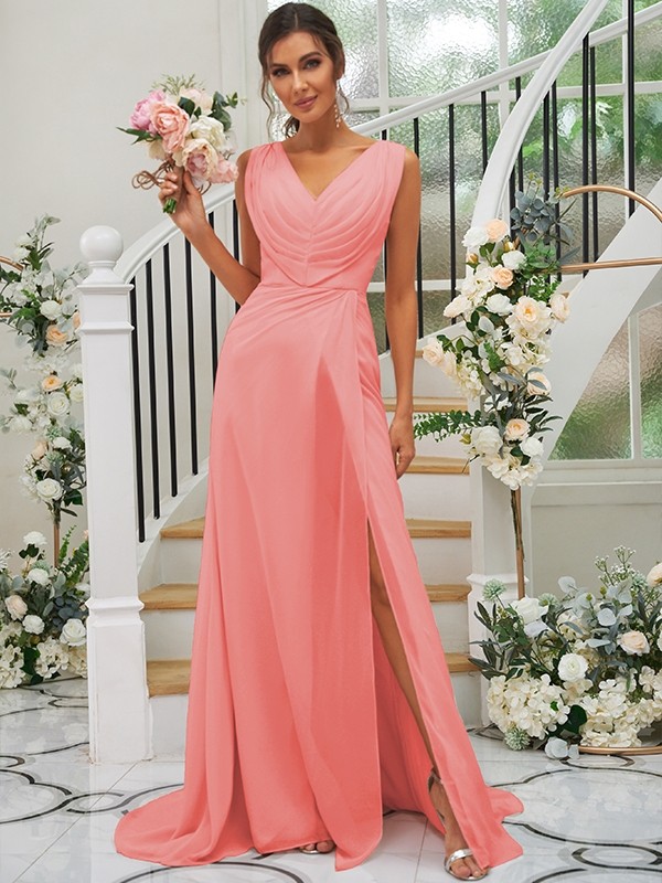 A-Line/Princess Chiffon Ruched V-neck Sleeveless Sweep/Brush Train Bridesmaid Dresses 2188