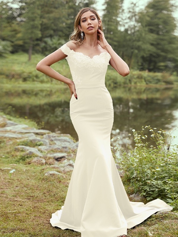 Sheath/Column Stretch Crepe Applique Off-the-Shoulder Sleeveless Sweep/Brush Train Bridesmaid Dresses 3145