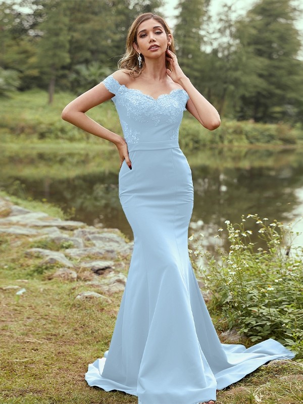 Sheath/Column Stretch Crepe Applique Off-the-Shoulder Sleeveless Sweep/Brush Train Bridesmaid Dresses 3145