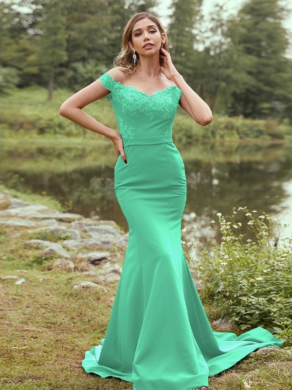 Sheath/Column Stretch Crepe Applique Off-the-Shoulder Sleeveless Sweep/Brush Train Bridesmaid Dresses 3145