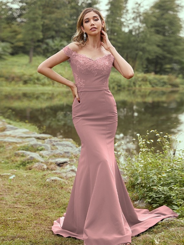 Sheath/Column Stretch Crepe Applique Off-the-Shoulder Sleeveless Sweep/Brush Train Bridesmaid Dresses 3145