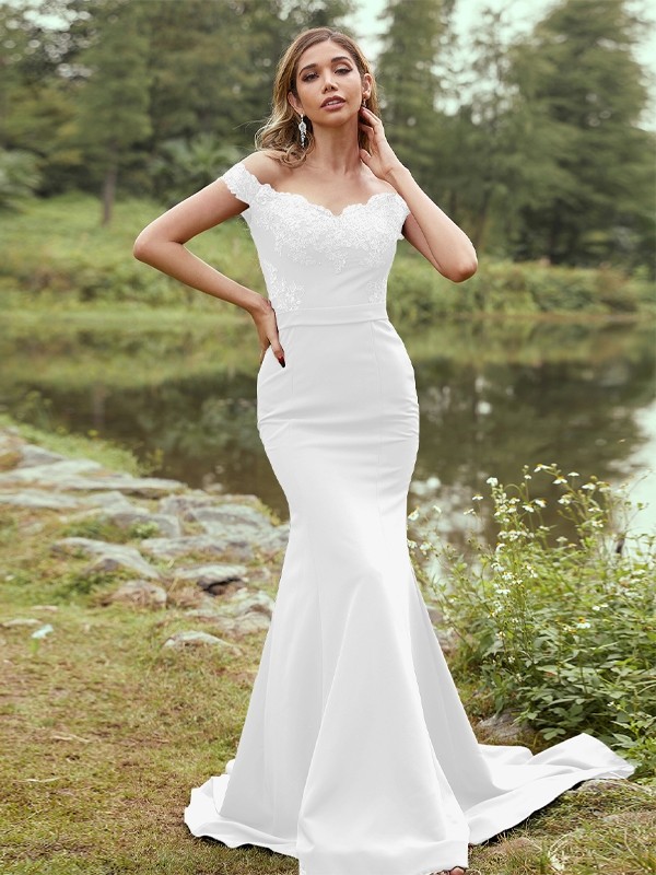 Sheath/Column Stretch Crepe Applique Off-the-Shoulder Sleeveless Sweep/Brush Train Bridesmaid Dresses 3145