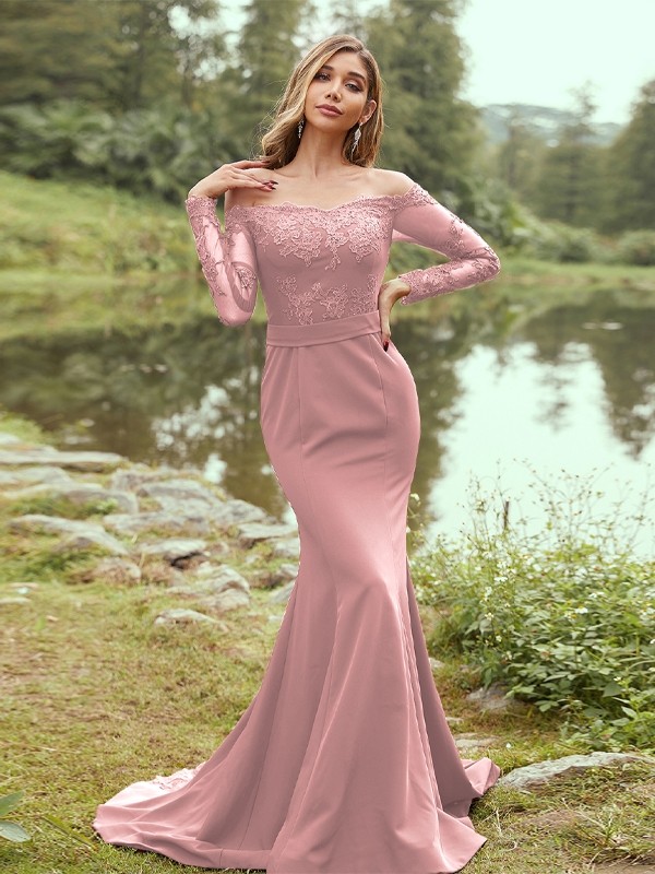 Sheath/Column Stretch Crepe Applique Off-the-Shoulder Long Sleeves Sweep/Brush Train Bridesmaid Dresses 3144