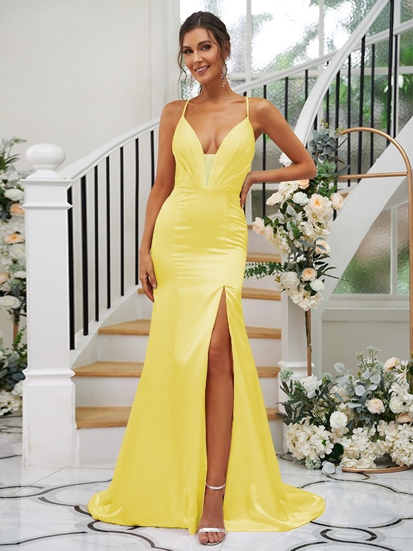 Sheath/Column Silk like Satin Ruched V-neck Sleeveless Sweep/Brush Train Bridesmaid Dresses 3091