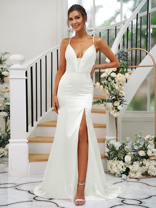 Sheath/Column Silk like Satin Ruched V-neck Sleeveless Sweep/Brush Train Bridesmaid Dresses 3091