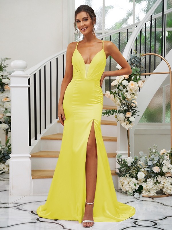 Sheath/Column Silk like Satin Ruched V-neck Sleeveless Sweep/Brush Train Bridesmaid Dresses 3091