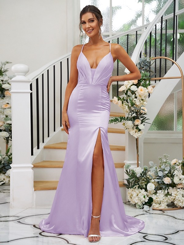 Sheath/Column Silk like Satin Ruched V-neck Sleeveless Sweep/Brush Train Bridesmaid Dresses 3091