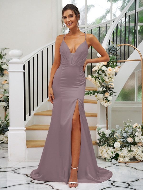 Sheath/Column Silk like Satin Ruched V-neck Sleeveless Sweep/Brush Train Bridesmaid Dresses 3091