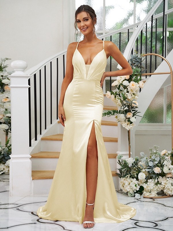 Sheath/Column Silk like Satin Ruched V-neck Sleeveless Sweep/Brush Train Bridesmaid Dresses 3091