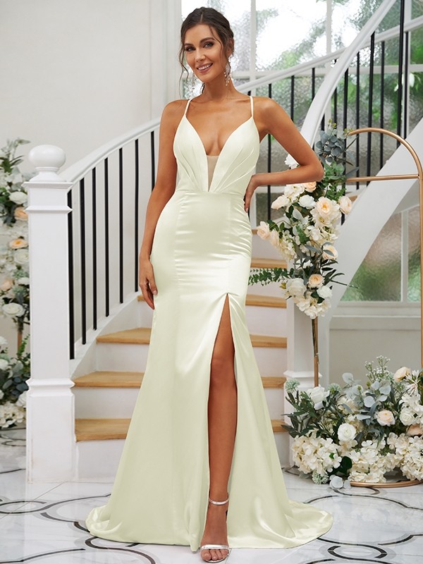 Sheath/Column Silk like Satin Ruched V-neck Sleeveless Sweep/Brush Train Bridesmaid Dresses 3091