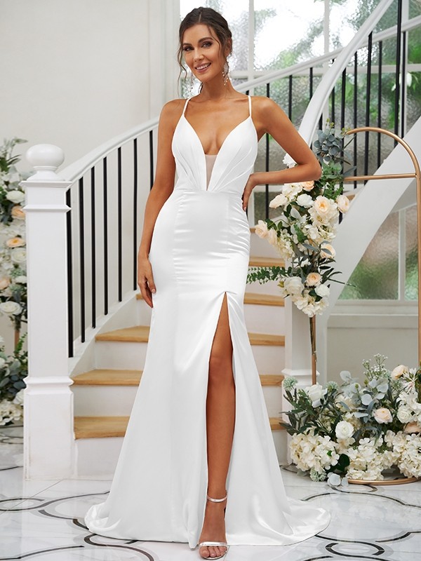 Sheath/Column Silk like Satin Ruched V-neck Sleeveless Sweep/Brush Train Bridesmaid Dresses 3091