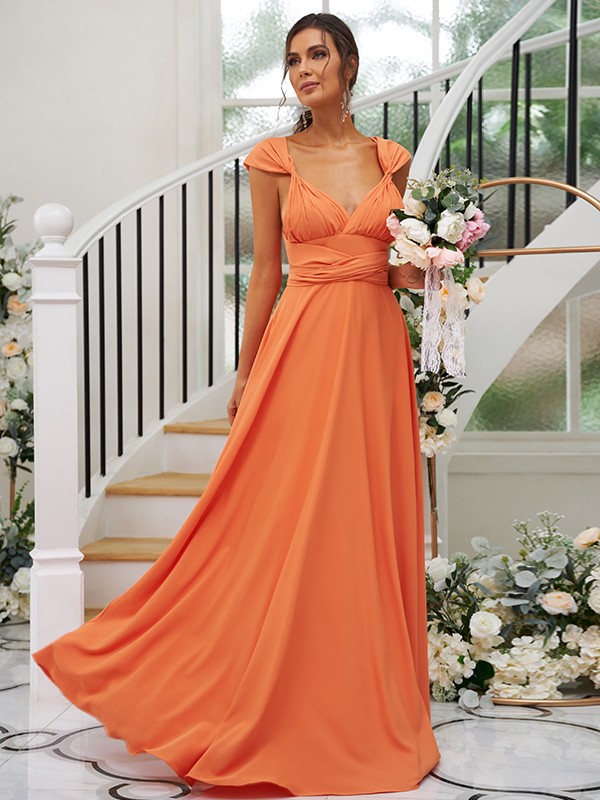 A-Line/Princess Jersey Ruched V-neck Sleeveless Floor-Length Bridesmaid Dresses 2323