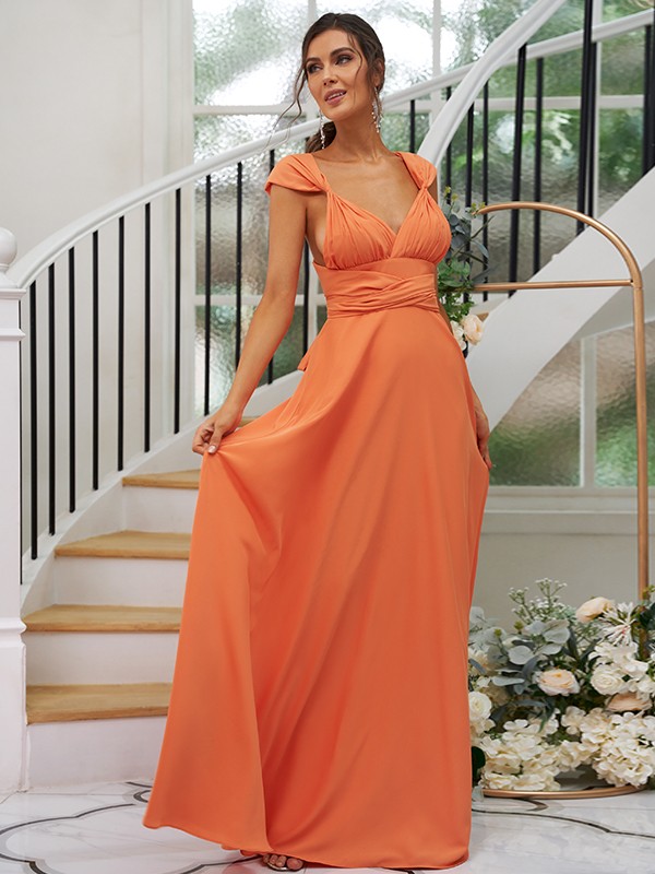 A-Line/Princess Jersey Ruched V-neck Sleeveless Floor-Length Bridesmaid Dresses 2323