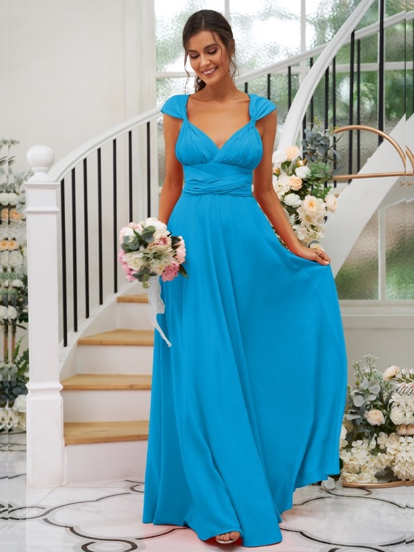 A-Line/Princess Jersey Ruched V-neck Sleeveless Floor-Length Bridesmaid Dresses 2323