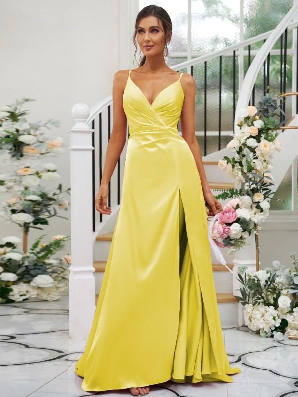 A-Line/Princess Silk like Satin Ruched V-neck Sleeveless Floor-Length Bridesmaid Dresses 2476