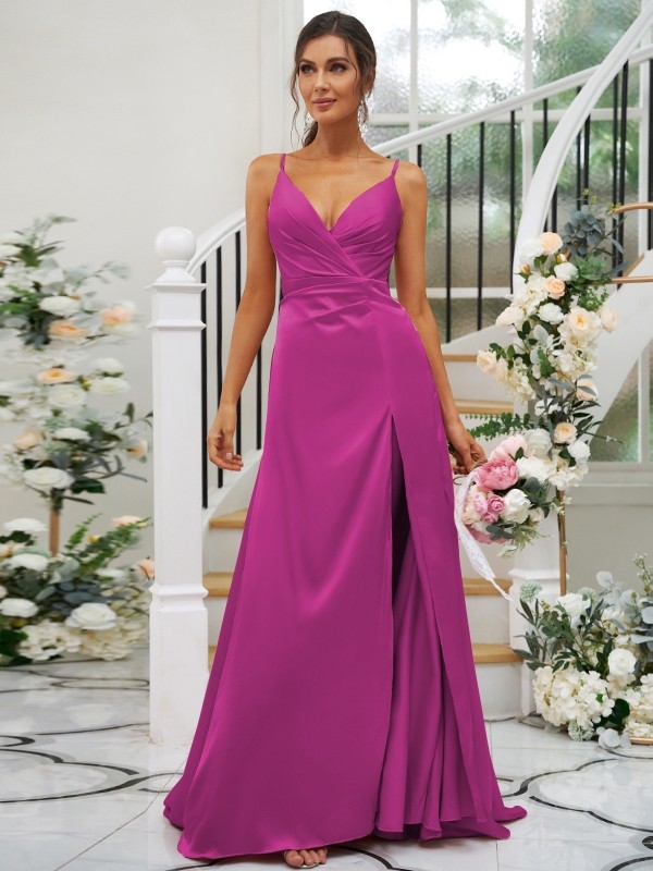 A-Line/Princess Silk like Satin Ruched V-neck Sleeveless Floor-Length Bridesmaid Dresses 2476