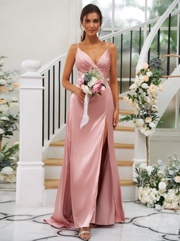 A-Line/Princess Silk like Satin Ruched V-neck Sleeveless Floor-Length Bridesmaid Dresses 2476