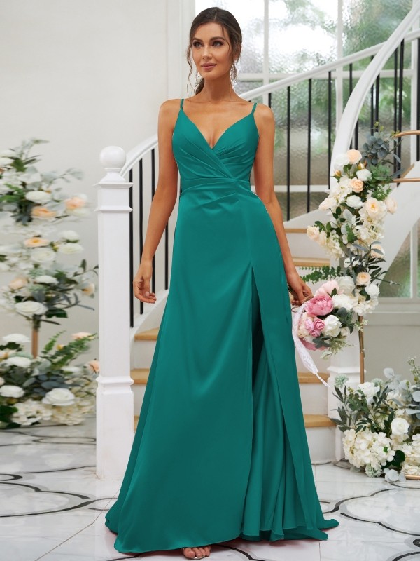 A-Line/Princess Silk like Satin Ruched V-neck Sleeveless Floor-Length Bridesmaid Dresses 2476