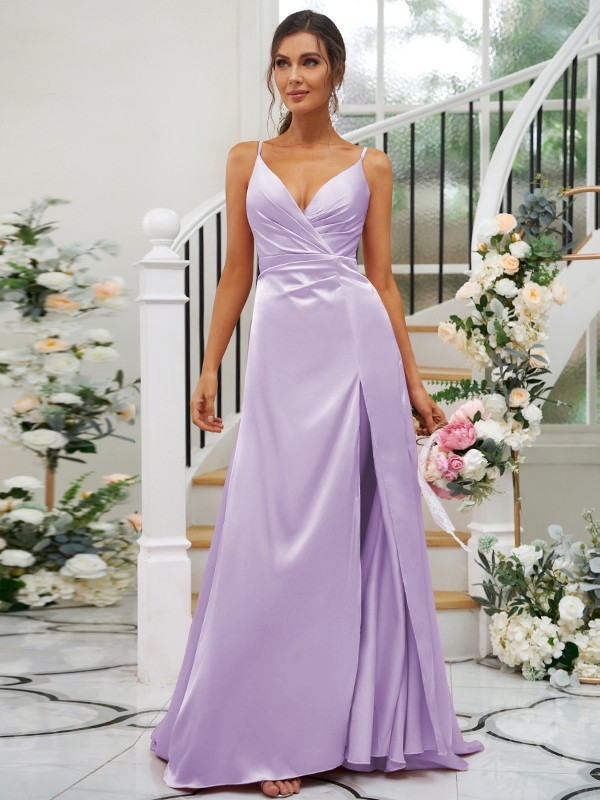 A-Line/Princess Silk like Satin Ruched V-neck Sleeveless Floor-Length Bridesmaid Dresses 2476