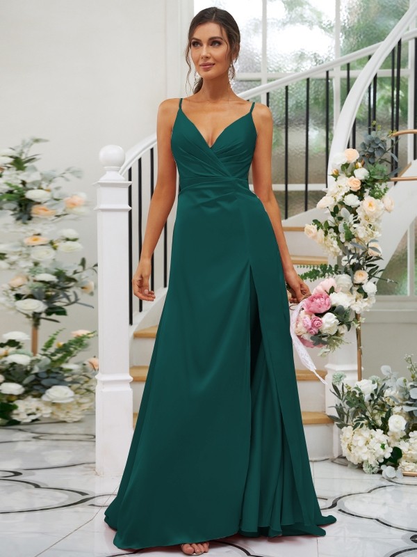 A-Line/Princess Silk like Satin Ruched V-neck Sleeveless Floor-Length Bridesmaid Dresses 2476