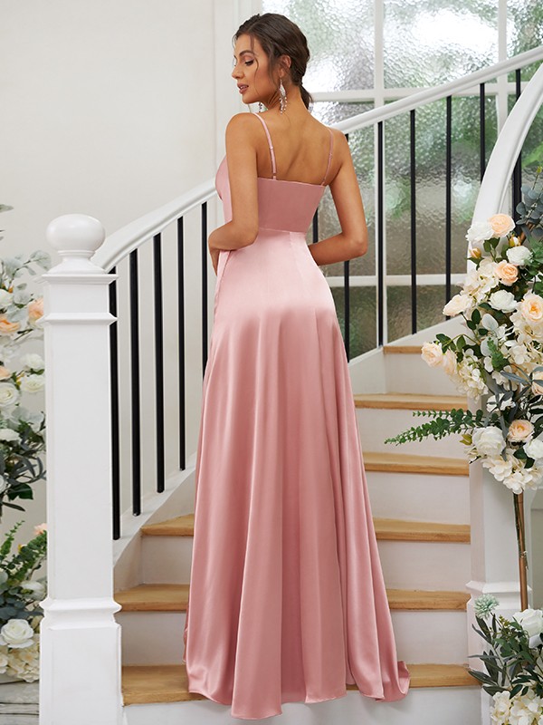 A-Line/Princess Silk like Satin Ruched V-neck Sleeveless Floor-Length Bridesmaid Dresses 2476