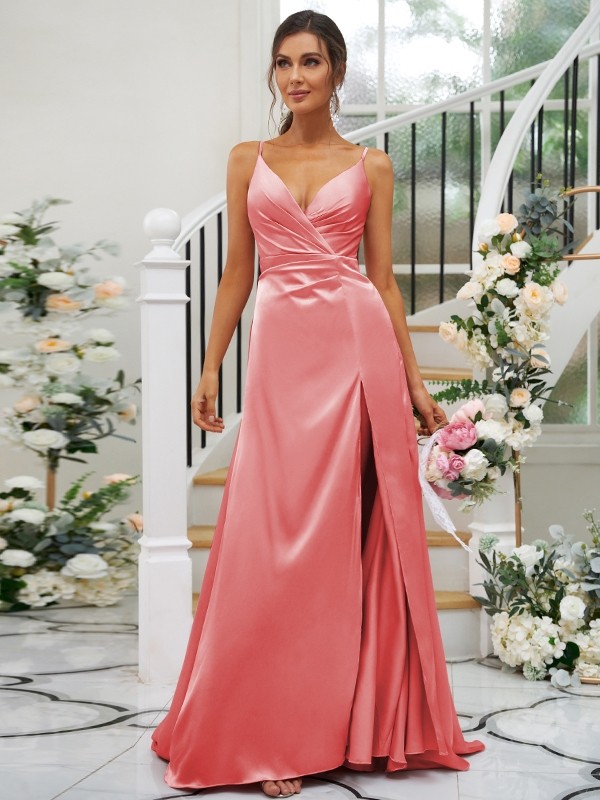 A-Line/Princess Silk like Satin Ruched V-neck Sleeveless Floor-Length Bridesmaid Dresses 2476