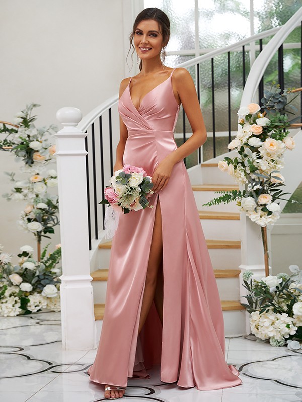 A-Line/Princess Silk like Satin Ruched V-neck Sleeveless Floor-Length Bridesmaid Dresses 2476