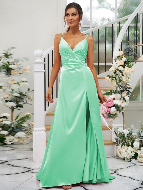 A-Line/Princess Silk like Satin Ruched V-neck Sleeveless Floor-Length Bridesmaid Dresses 2476