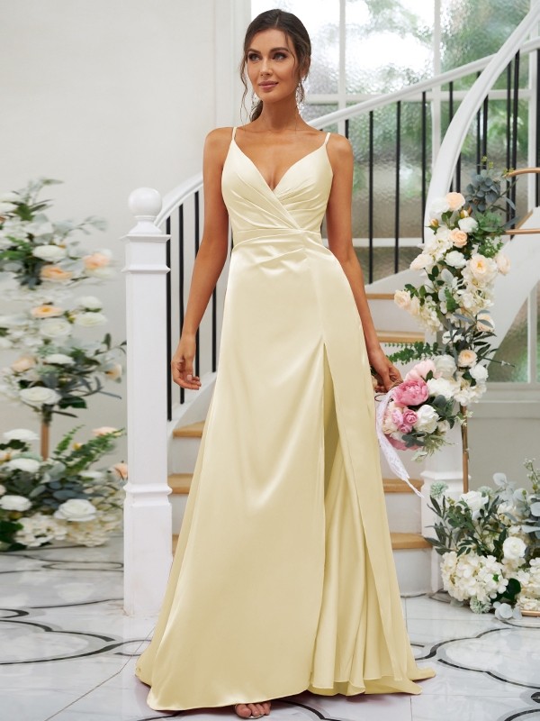 A-Line/Princess Silk like Satin Ruched V-neck Sleeveless Floor-Length Bridesmaid Dresses 2476