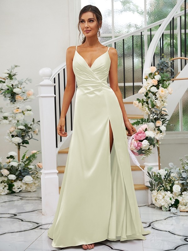 A-Line/Princess Silk like Satin Ruched V-neck Sleeveless Floor-Length Bridesmaid Dresses 2476