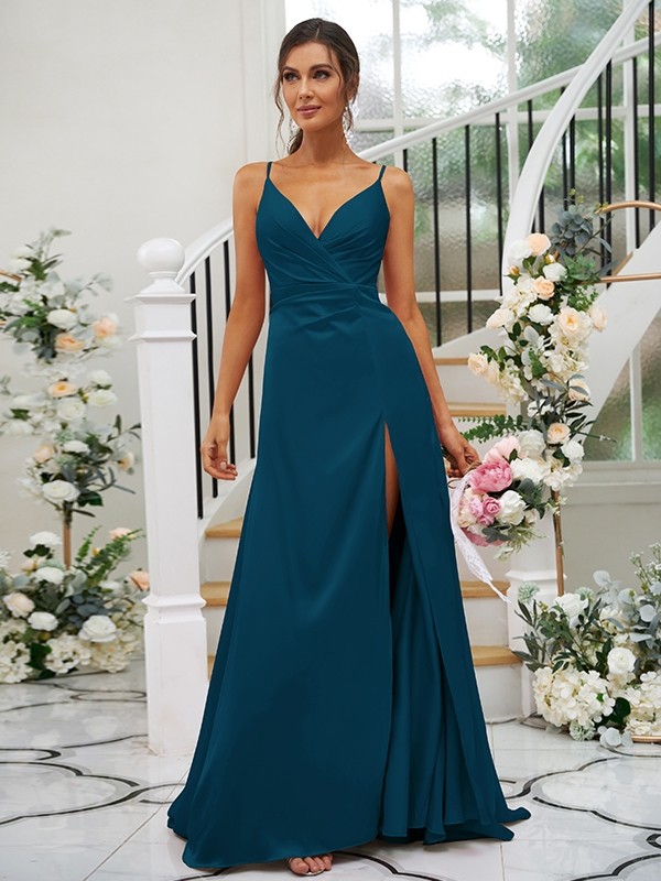 A-Line/Princess Silk like Satin Ruched V-neck Sleeveless Floor-Length Bridesmaid Dresses 2476