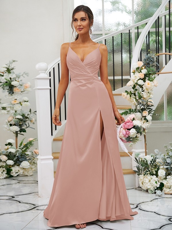 A-Line/Princess Silk like Satin Ruched V-neck Sleeveless Floor-Length Bridesmaid Dresses 2476