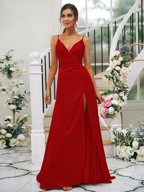 A-Line/Princess Silk like Satin Ruched V-neck Sleeveless Floor-Length Bridesmaid Dresses 2476