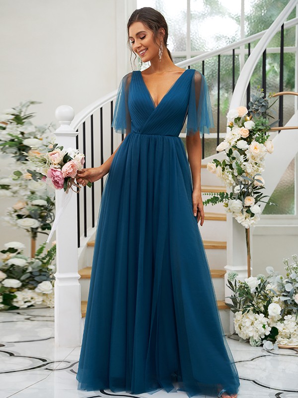 A-Line/Princess Tulle Ruffles V-neck Short Sleeves Floor-Length Bridesmaid Dresses 2772