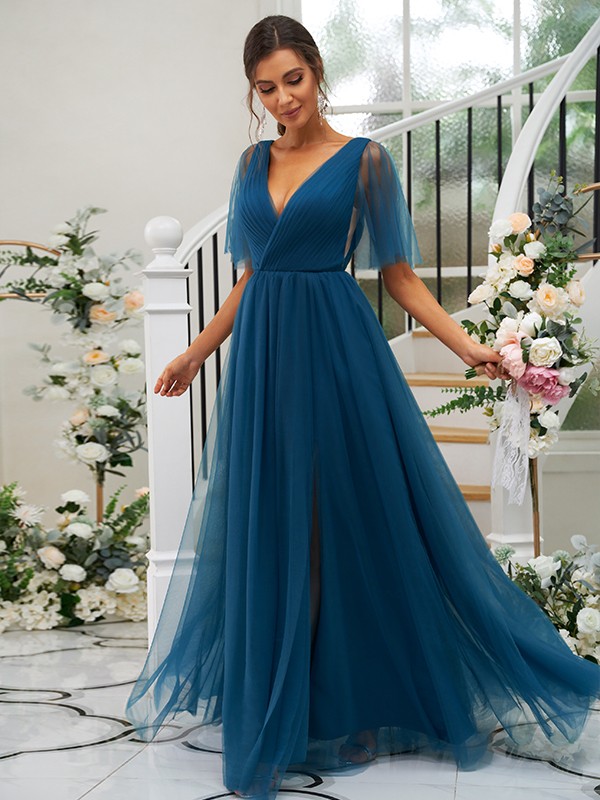 A-Line/Princess Tulle Ruffles V-neck Short Sleeves Floor-Length Bridesmaid Dresses 2772